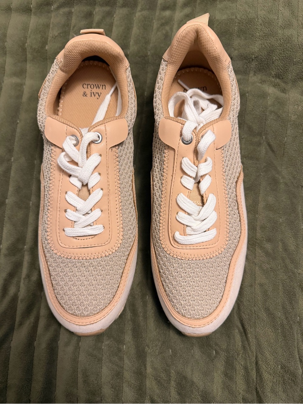 crown & ivy Beige Knit Low-Top Sneakers with White Laces